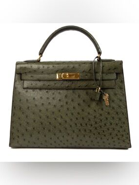 Olive Green Ostrich Texture Top H Kelly 28 Vert Olive Autruche GHW embossed